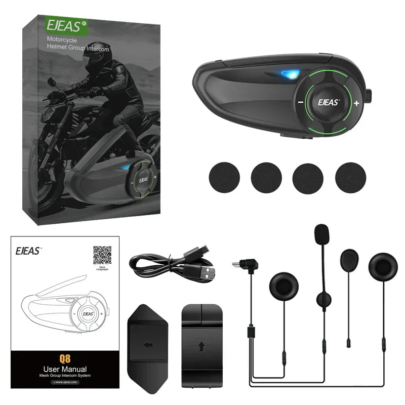 Black ejeas mesh intercom with blue led light and green accent ring for riders 1200m interphone sharing fm ip67
