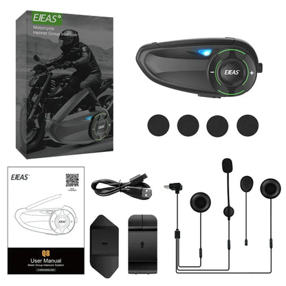 Black ejeas mesh intercom with blue led light and green accent ring for riders 1200m interphone sharing fm ip67