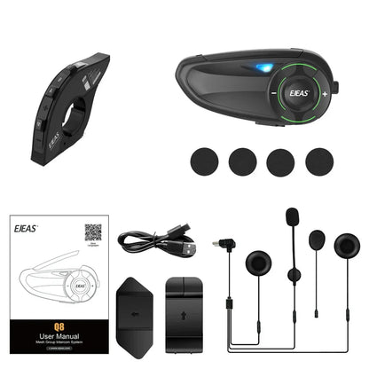 Black Ejeas Q8 motorcycle helmet intercom with blue and green illuminated controls for riders 1200m interphone sharing FM IP67