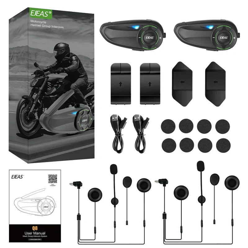Black ejeas q8 motorcycle helmet mesh intercom with blue led indicators for riders 1200m interphone sharing fm ip67