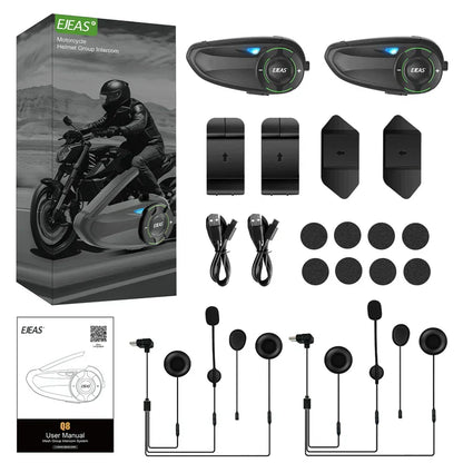 Black ejeas q8 motorcycle helmet mesh intercom with blue led indicators for riders 1200m interphone sharing fm ip67