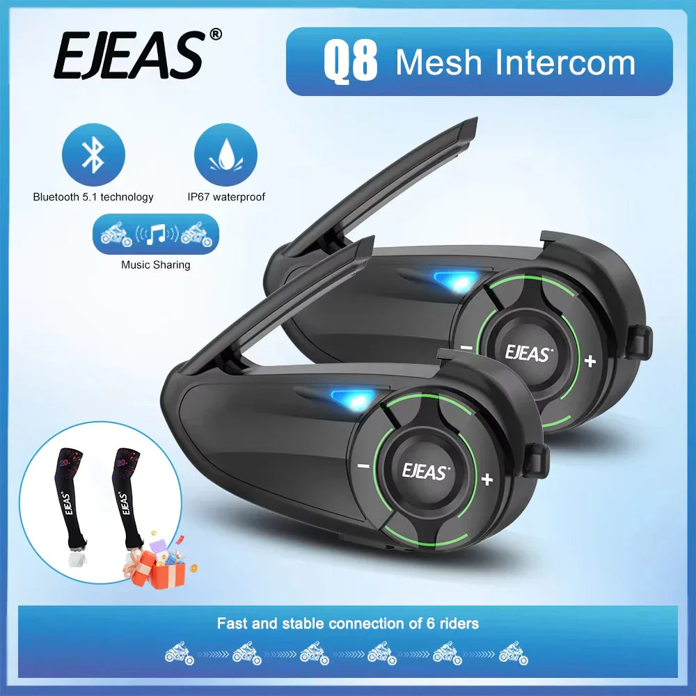 Black ejeas q8 mesh intercom with glowing blue lights and green rings designed for riders 1200m interphone sharing fm ip67