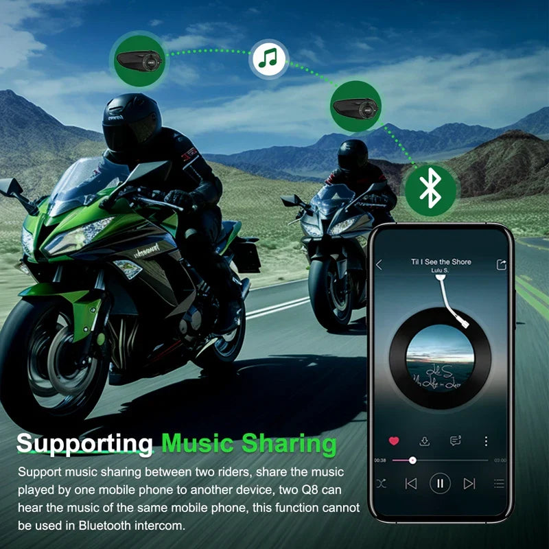 Black q8 ejeas mesh intercoms mounted on helmets providing riders 1200m interphone sharing fm ip67 wireless music sharing