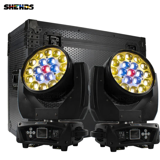 Two black shehds led wash 19x15w rgbw zoom beam moving head lighting spotlights with colorful led arrays for stage use