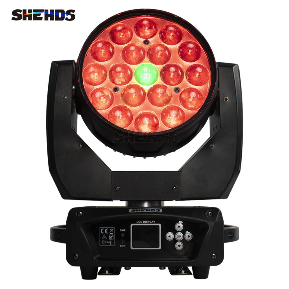 Black shehds led moving head lighting with 16 red and one green leds 19x15w rgbw zoom beam for dj disco bar use