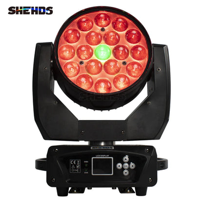 Black shehds led moving head lighting with 16 red and one green leds 19x15w rgbw zoom beam for dj disco bar use