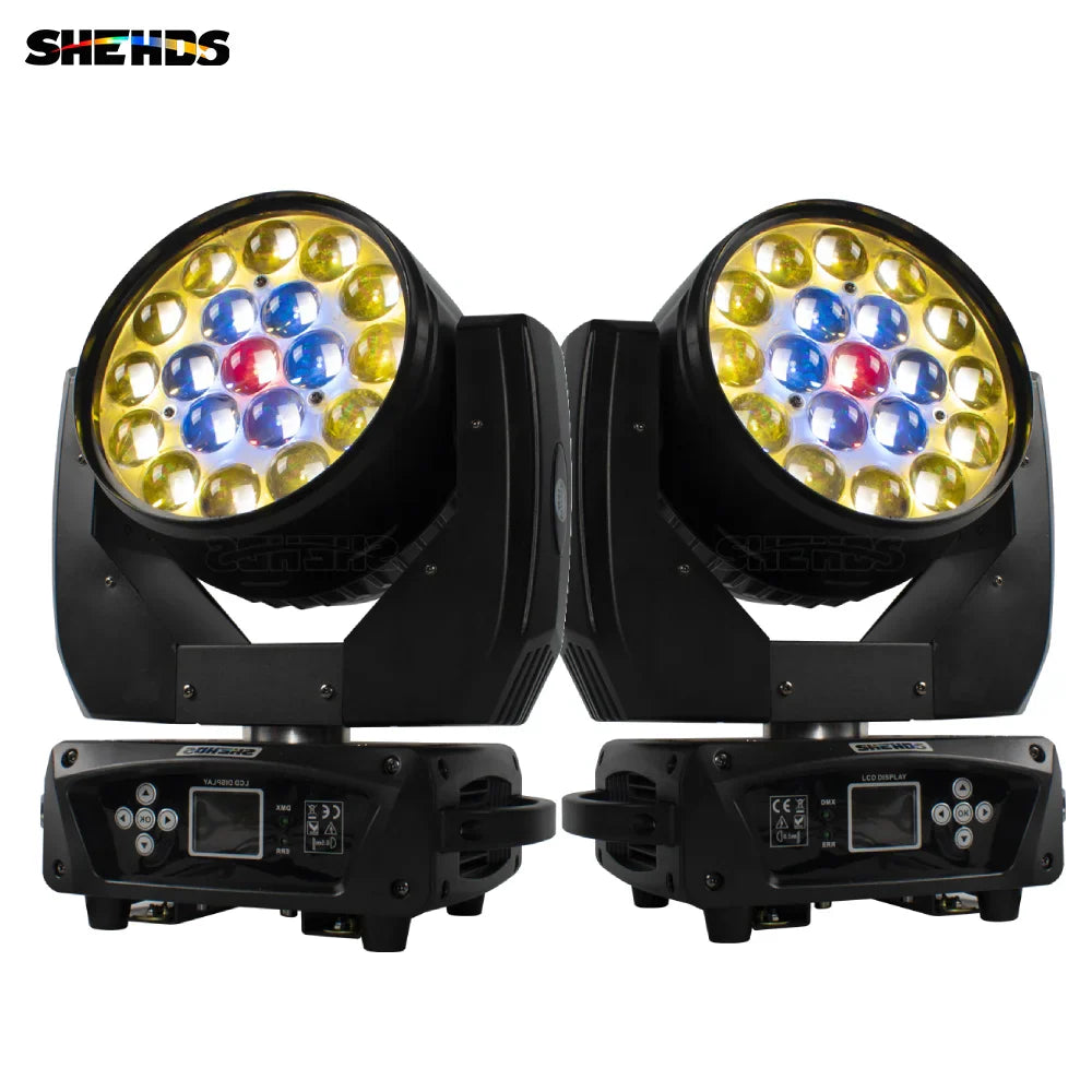Black shehds led zoom beam moving head lighting with 19x15w rgbw leds in circular yellow blue and red arrays for stage use