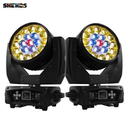 Black shehds led zoom beam moving head lighting with 19x15w rgbw leds in circular yellow blue and red arrays for stage use