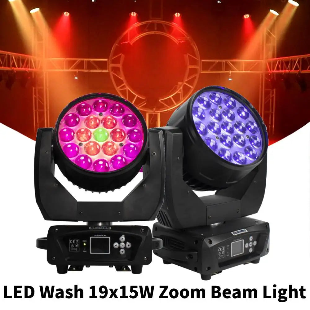 Black 1/2pcs led wash 19x15w rgbw zoom beam moving head lighting emitting purple, green, and solid blue light for stage use