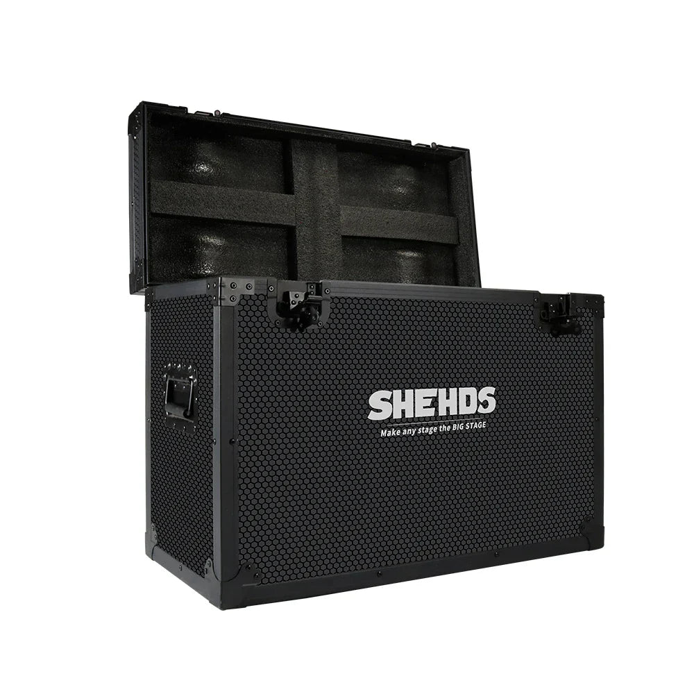 Black hexagonal mesh flight case with reinforced corners and latches for 19x15w rgbw zoom beam moving head lighting transport