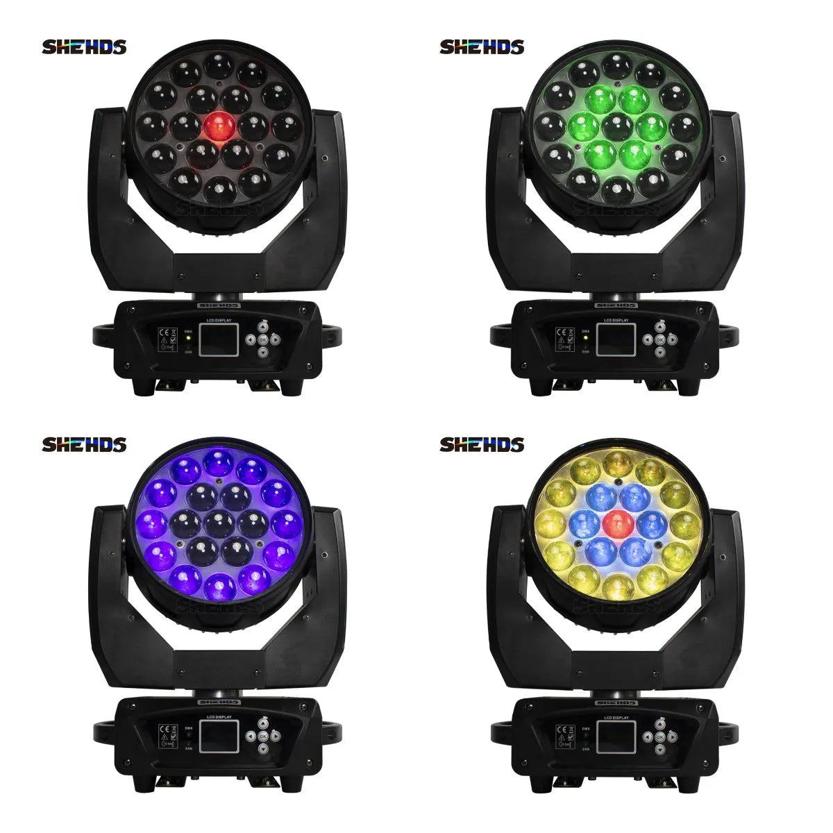 Black shehds led wash 19x15w rgbw zoom beam moving head lighting with circular red green purple and multicolor leds