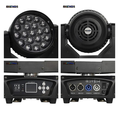 Black shehds led moving head lighting with 16 built-in leds and multiple ports for 19x15w rgbw zoom beam use