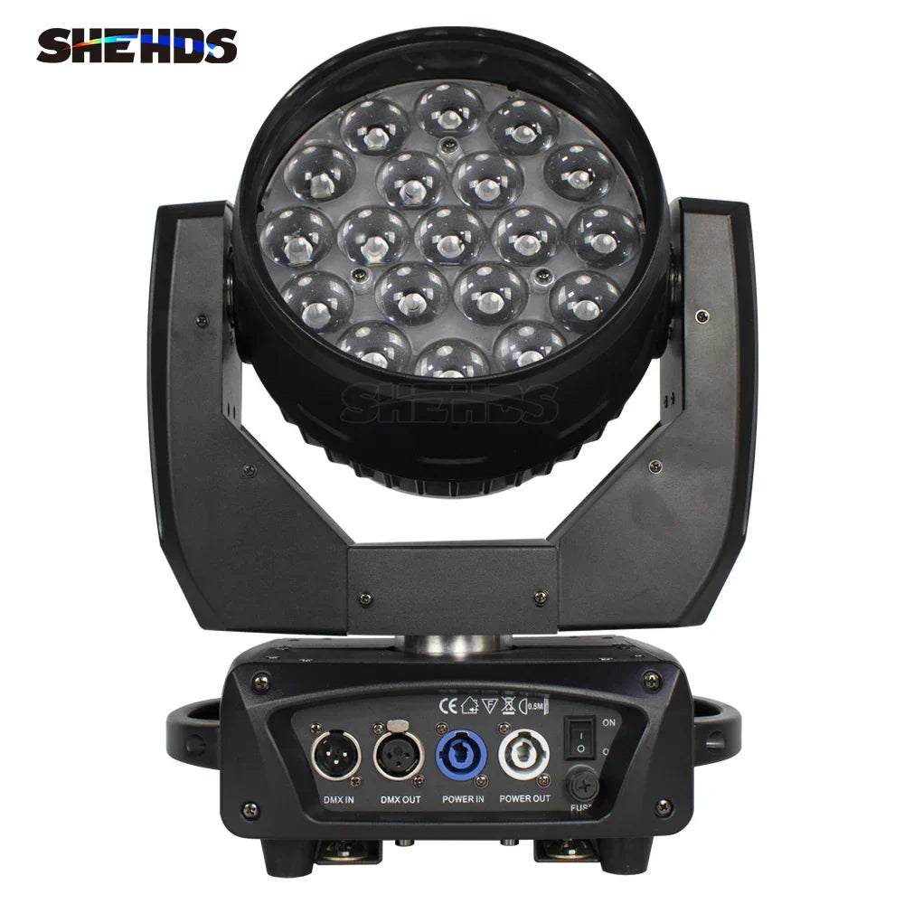 Black shehds led moving head lighting with 19x15w rgbw zoom and 18 circular bulbs for dj disco and nightclub use