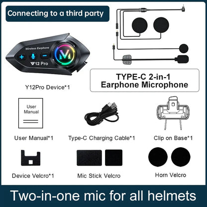 Black y12pro wireless earphone with glowing rainbow logo and buttons for motorcycle helmet intercom waterproof use