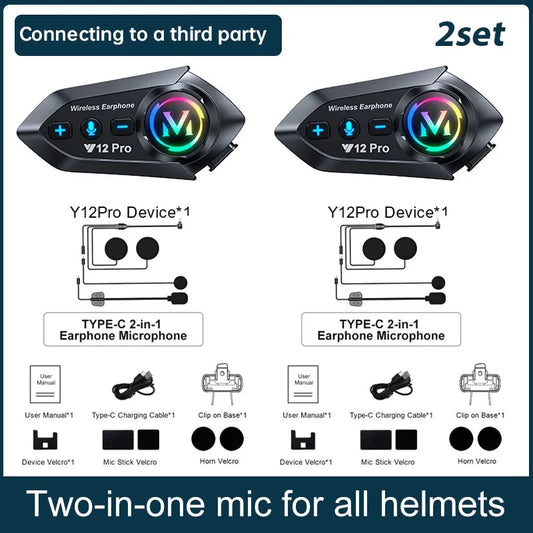 Black y12 pro wireless earphones with glowing rainbow logo and tactile buttons for motorcycle helmet intercom waterproof use