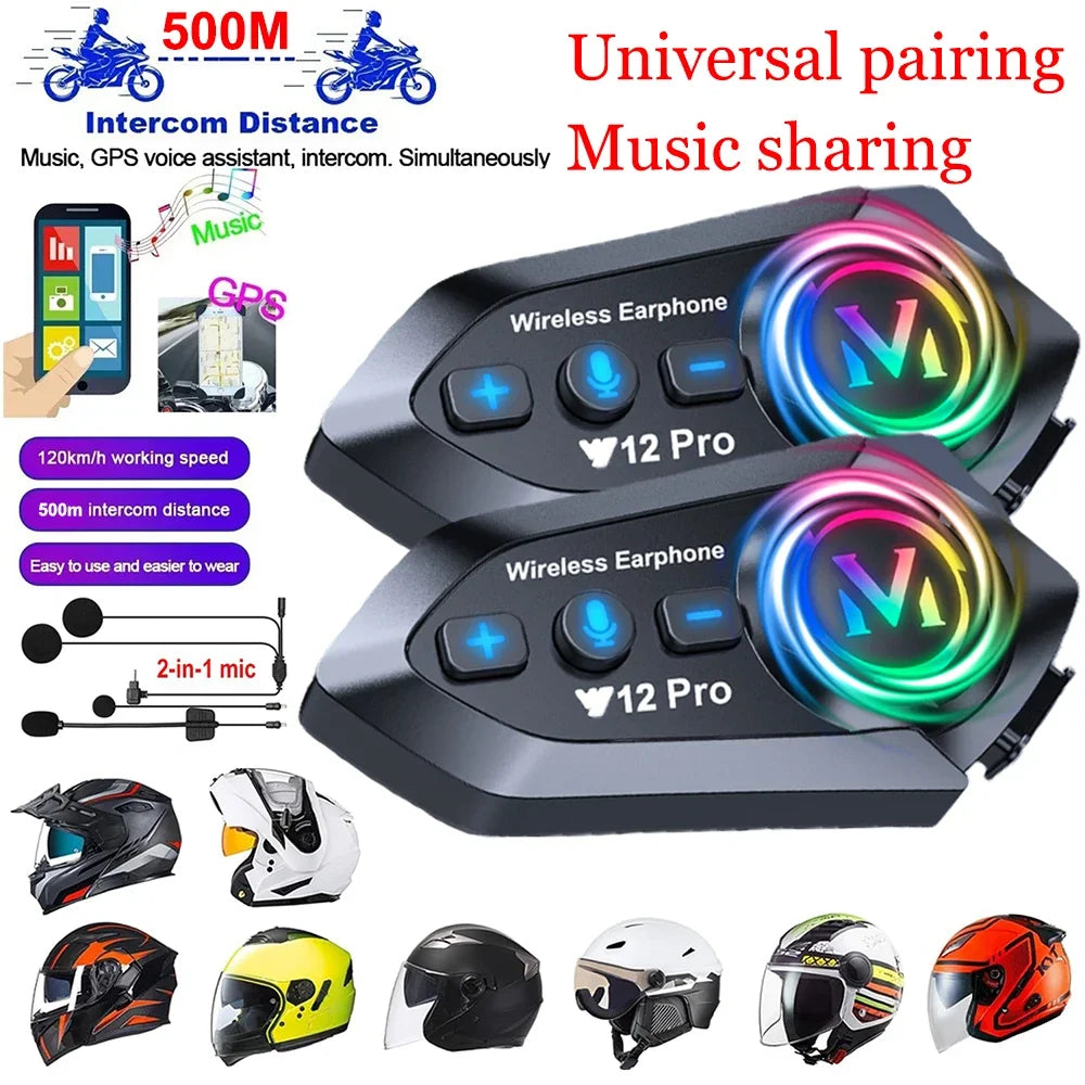 Black wireless motorcycle helmet intercom earphones with ergonomic design and rainbow led logo intercom headset waterproof 500m intercomunicador speaker