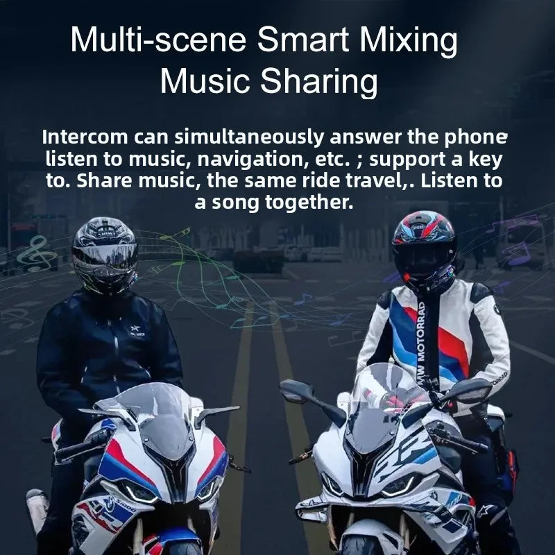 Two bmw motorcycles side by side showcasing a white and red motorcycle helmet intercom with 500m intercomunicador speaker waterproof