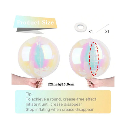 A 22-inch iridescent color 4d holographic balloon with pastel pink blue and yellow hues for birthday party music use