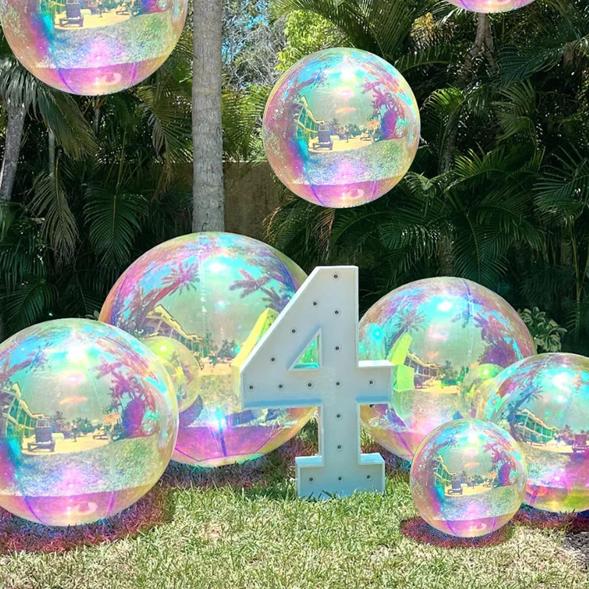 Iridescent reflective inflatable color 4d holographic balloons in vibrant rainbow hues for birthday party music use