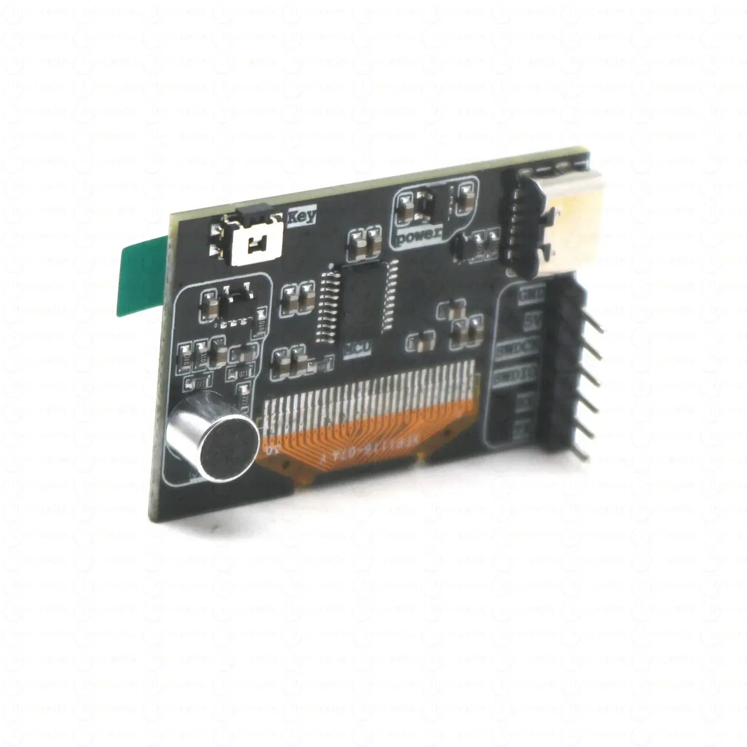 Black circuit board with silver voice controlled microphone and orange flex cable for 1.3-inch oled music spectrum display