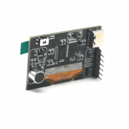 Black circuit board with silver voice controlled microphone and orange flex cable for 1.3-inch oled music spectrum display