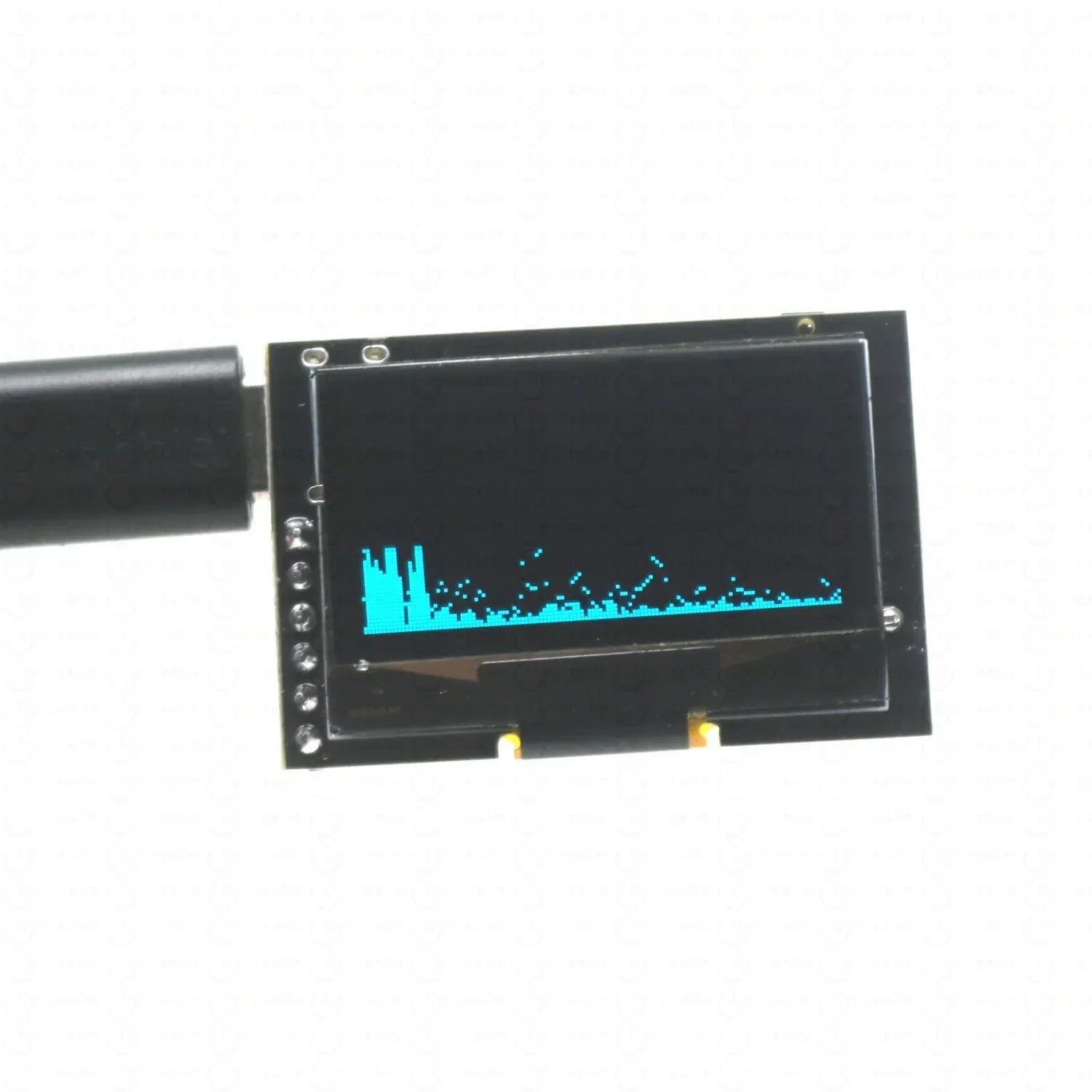 Black rectangular 1.3-inch oled music spectrum display module with glowing cyan waveform for voice controlled microphone use
