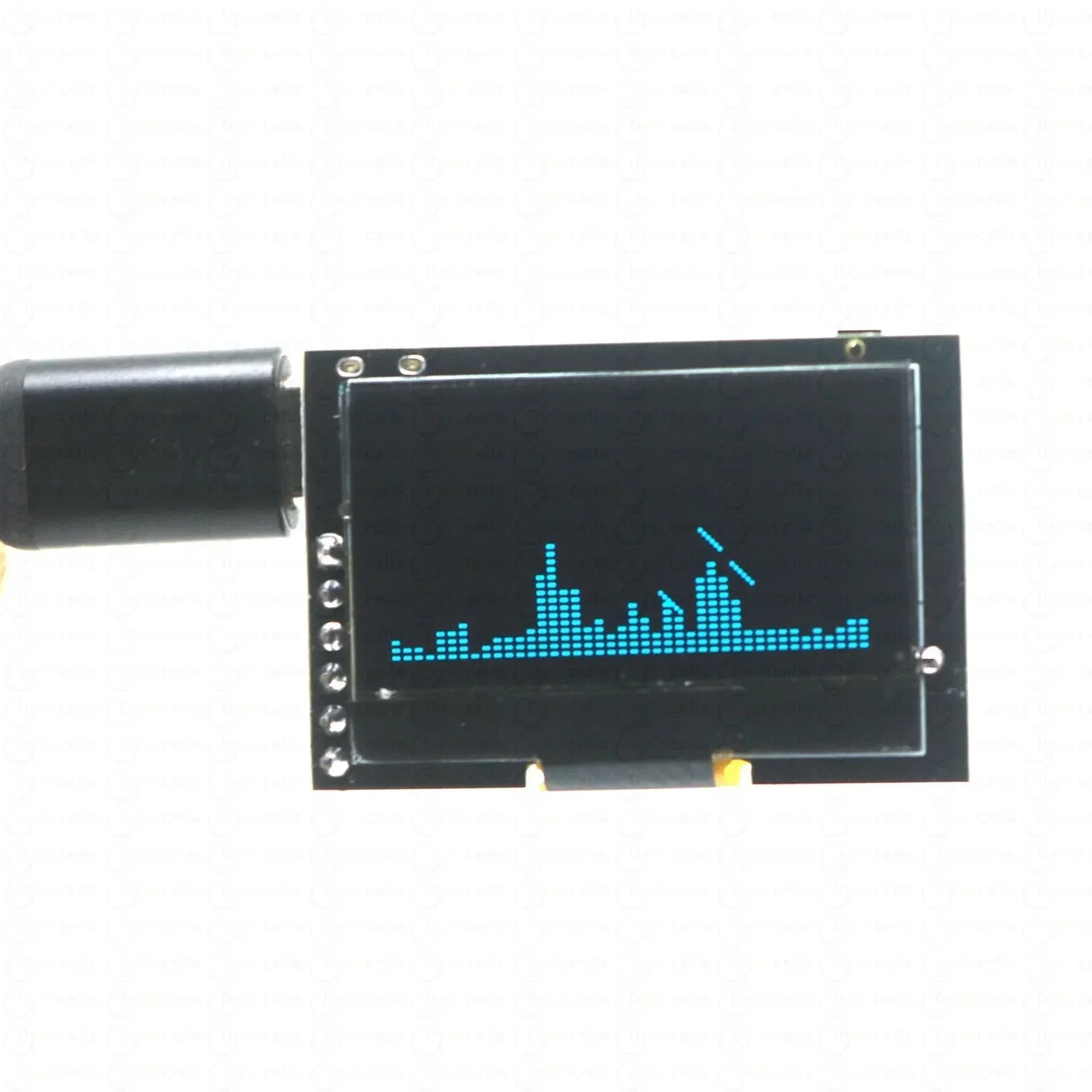 Black rectangular 1.3-inch oled music spectrum display module with blue pixelated audio waveform for voice controlled microphone