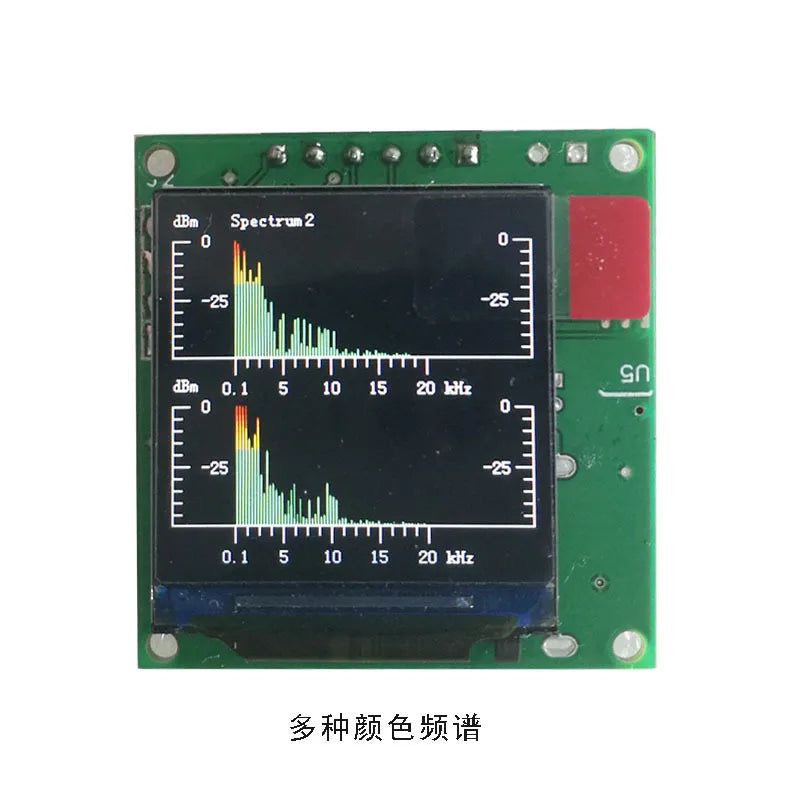 Green circuit board with black lcd screen showing spectrum2 graphs for 1.3 inch mini lcd music spectrum analyzer balanced vu meter