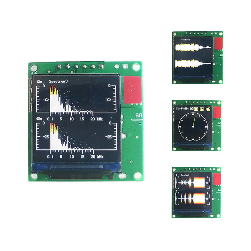 Green circuit board with black mini lcd displaying music spectrum and balanced vu meter for power amplifier audio