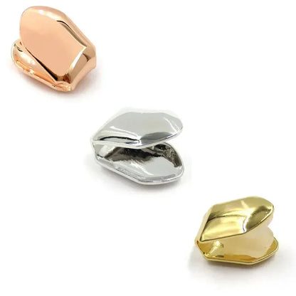 Three metallic single tooth caps in rose gold silver and yellow gold finish gold plated small hip hop grills for teeth