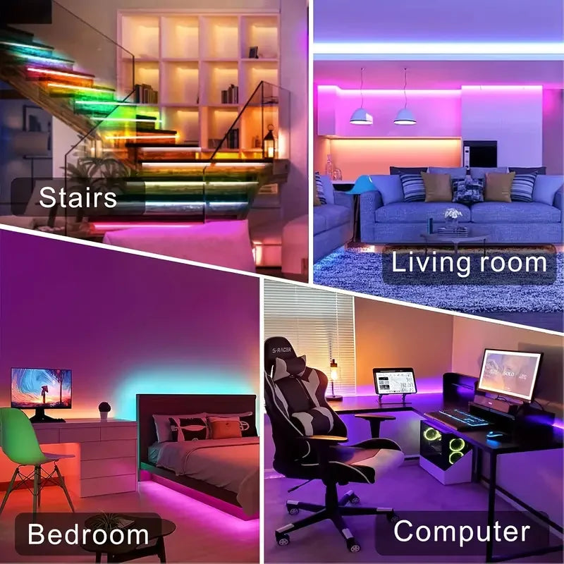 Collage of rooms with vibrant rgb led strip lights featuring usb 5v music sync and 44key remote control for room tv backlight