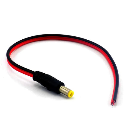 Black and red 12v dc male female connectors jack cable with yellow pin and exposed wire ends for strip light cctv use