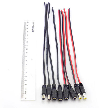 Set of black and red 12v dc male and female connectors jack cables with 5.5 x 2.1mm plugs for strip light cctv use