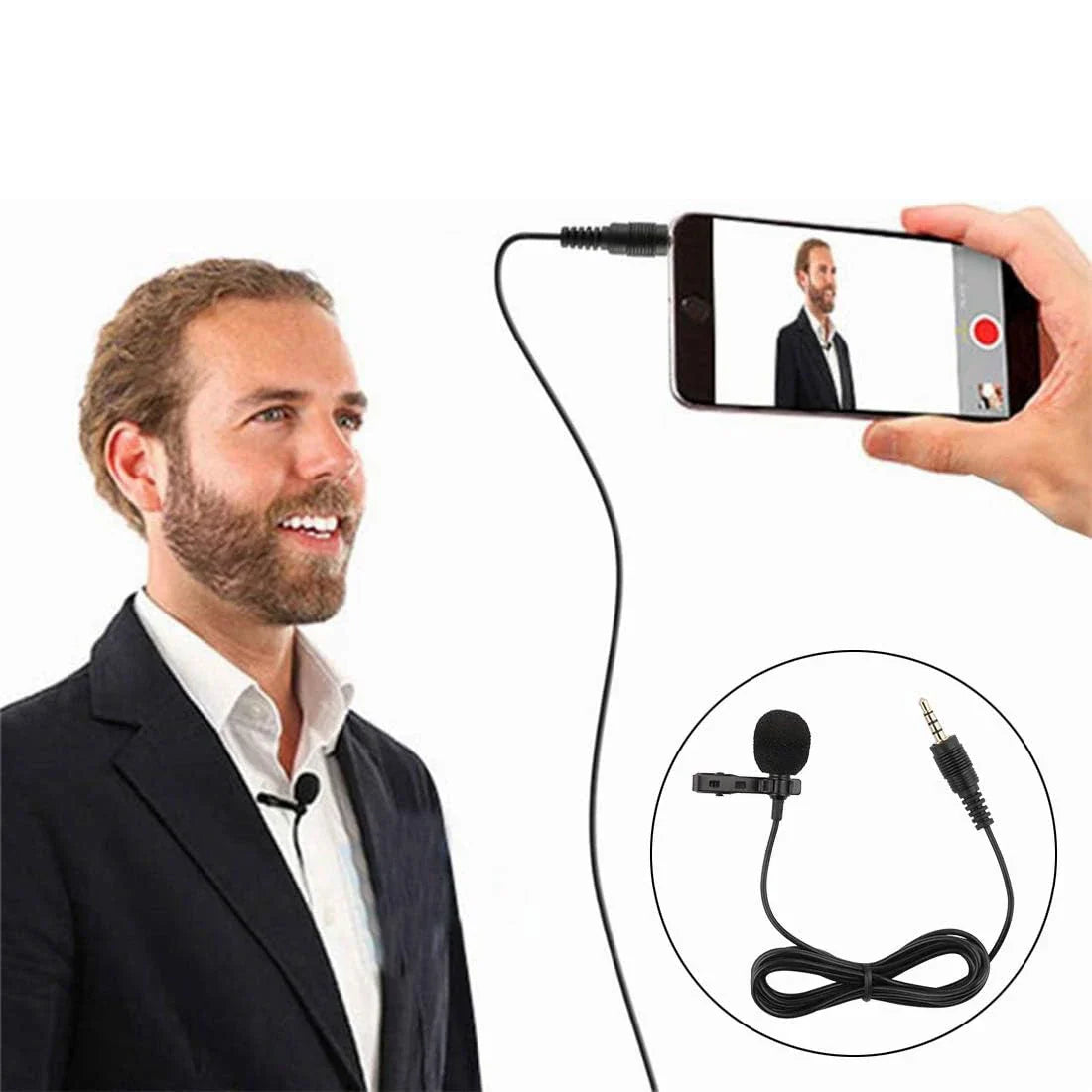Black wired lapel microphone omnidirectional with clip and 3.5mm cable for android smartphones recording podcast interview