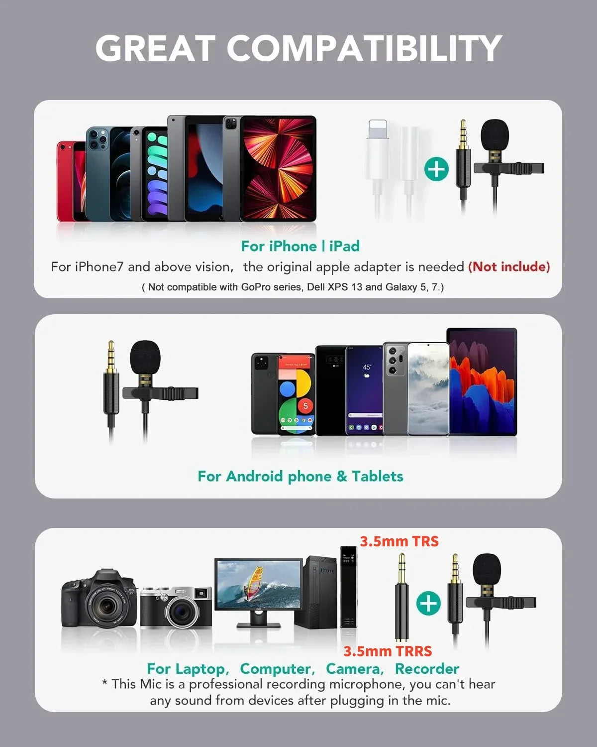 Black wired lapel microphone omnidirectional with clip and 3.5mm trrs connector for android smartphones recording podcast interview