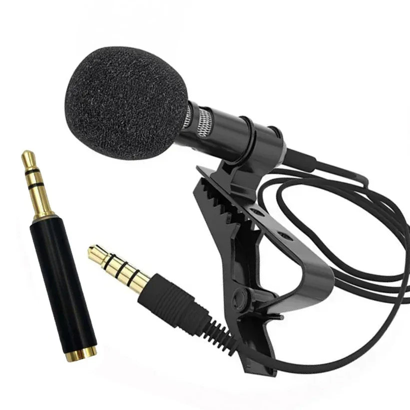 Black lapel microphone omnidirectional with foam windscreen and metallic connector for android smartphones recording podcast interview
