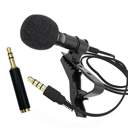 Black lapel microphone omnidirectional with foam windscreen and metallic connector for android smartphones recording podcast interview