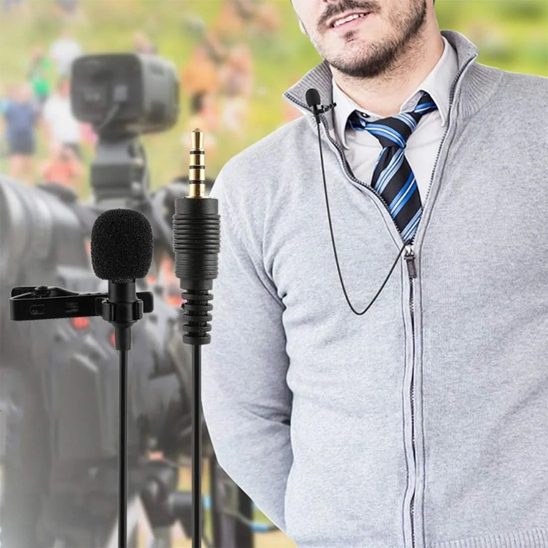 Black lavalier lapel microphone omnidirectional with foam windscreen and gold 3.5mm connector for android smartphones recording podcast interview
