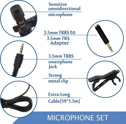 Black lapel microphone omnidirectional with 3.5mm trrs jack and extra-long cable for android smartphones recording podcast interview