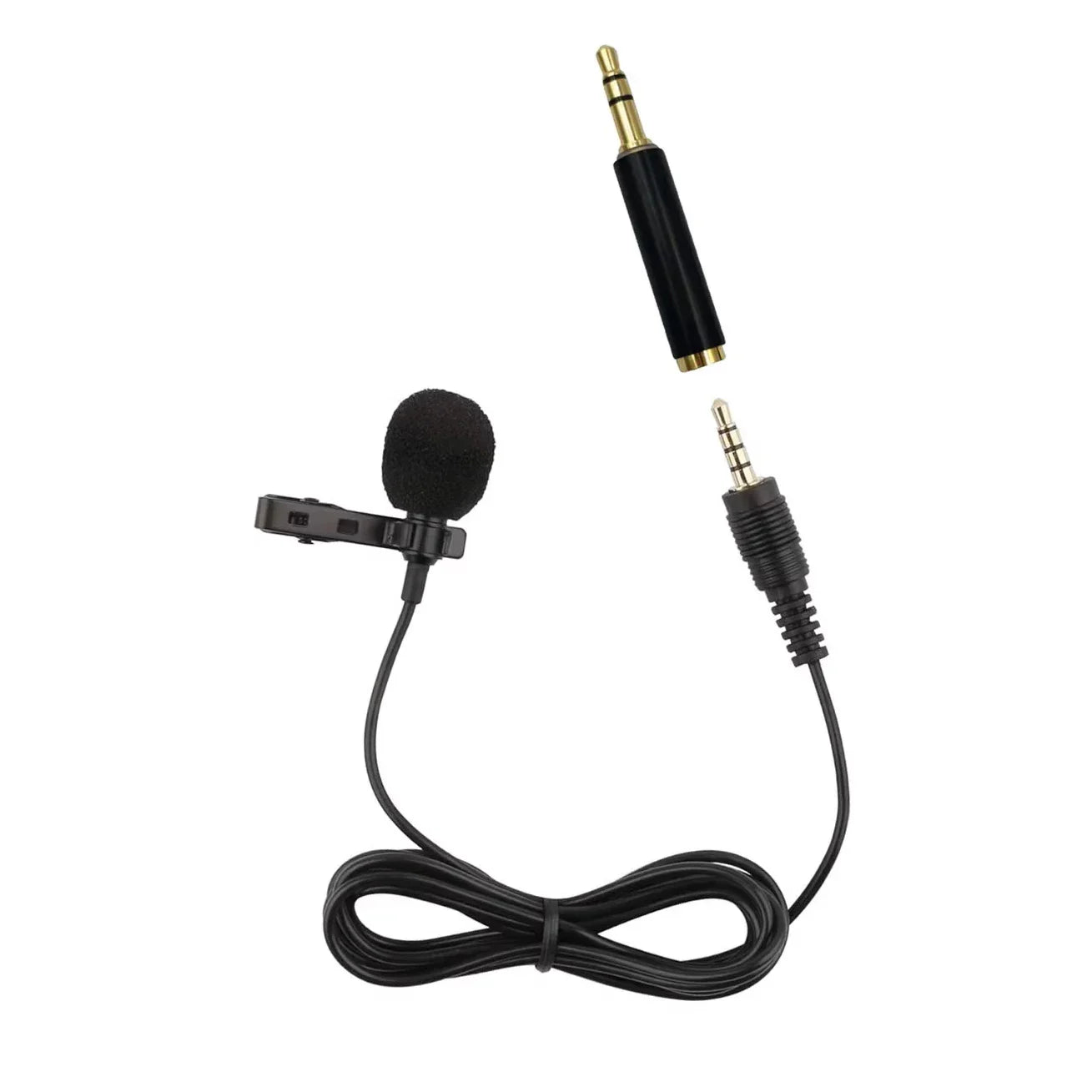 Black lapel microphone omnidirectional with soft foam windscreen and gold-plated 3.5mm jack for android smartphones recording podcast interview