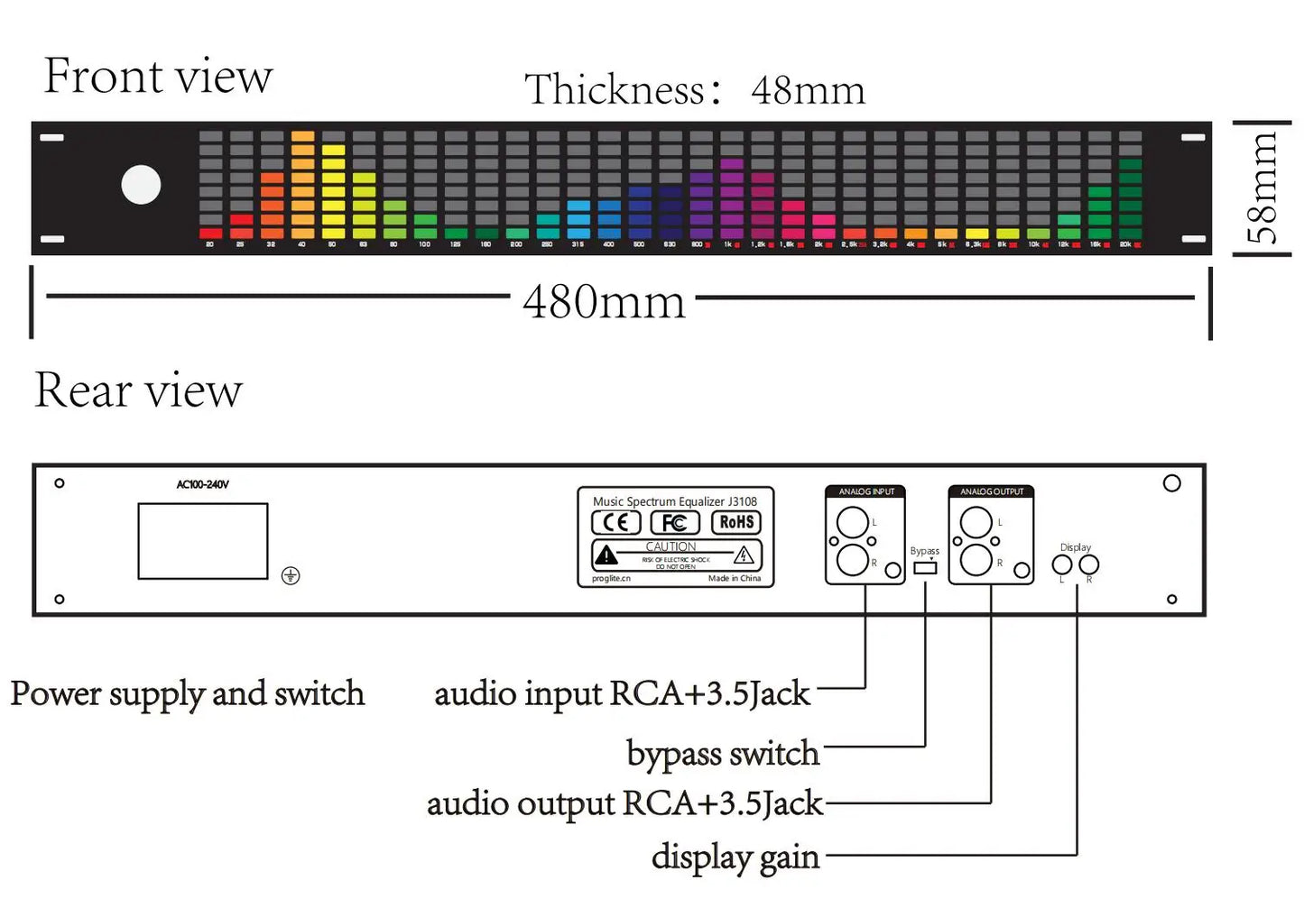 Black rectangular 1.5u music spectrum digital equalizer with colorful led balancer pickup display and labeled ports back view