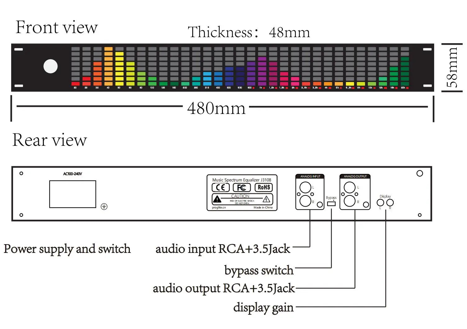 Black rectangular 1.5u music spectrum digital equalizer with colorful led balancer pickup display and labeled ports back view