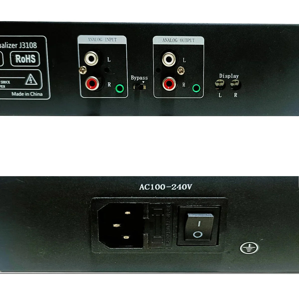 Black 1.5u music spectrum digital equalizer with analog input output jacks power switch and led level indicator