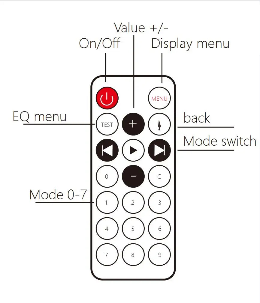 Black and white remote control with red power button for 1.5U music spectrum digital equalizer balancer pickup display audio device