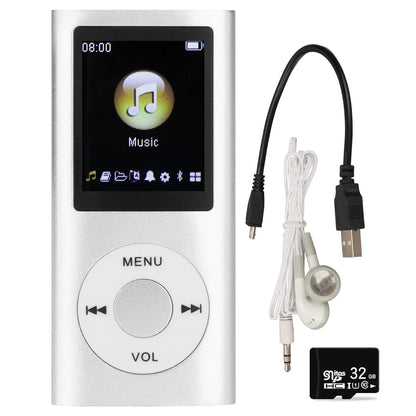 Silver rectangular mp3 player stylish multifunctional lossless sound with 1.8 inch lcd screen earphones usb cable and 32gb microsd card