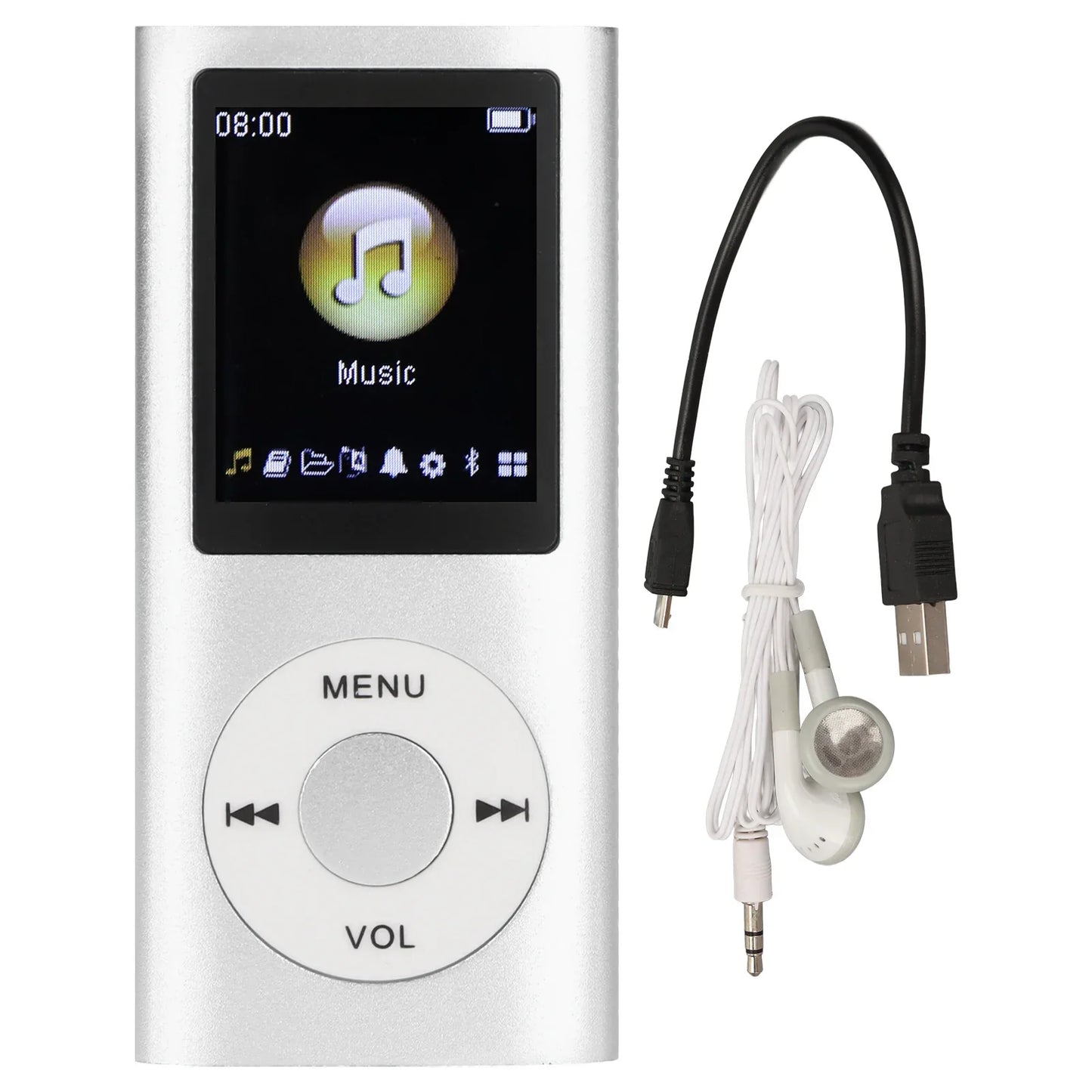 Silver rectangular mp3 player stylish multifunctional lossless sound with 1.8 inch lcd screen white earphones and black usb cable