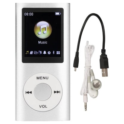 Silver rectangular mp3 player stylish multifunctional lossless sound with 1.8 inch lcd screen white earphones and black usb cable