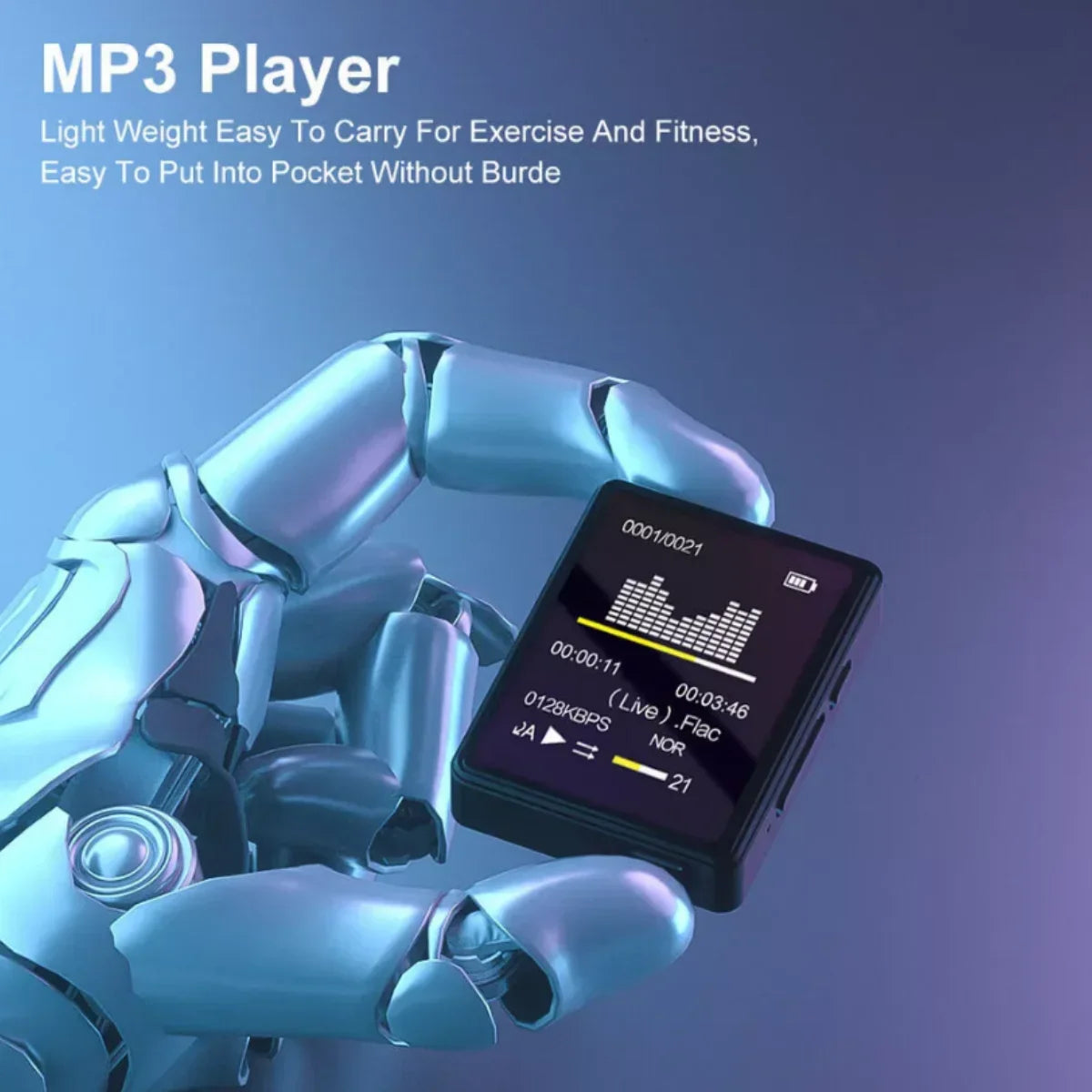 Compact black portable mp3 mp4 player with 1.8 inch display and internal speaker compatible with sampling rate 8khz-48khz held by metallic hand