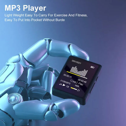 Compact black portable mp3 mp4 player with 1.8 inch display and internal speaker compatible with sampling rate 8khz-48khz held by metallic hand