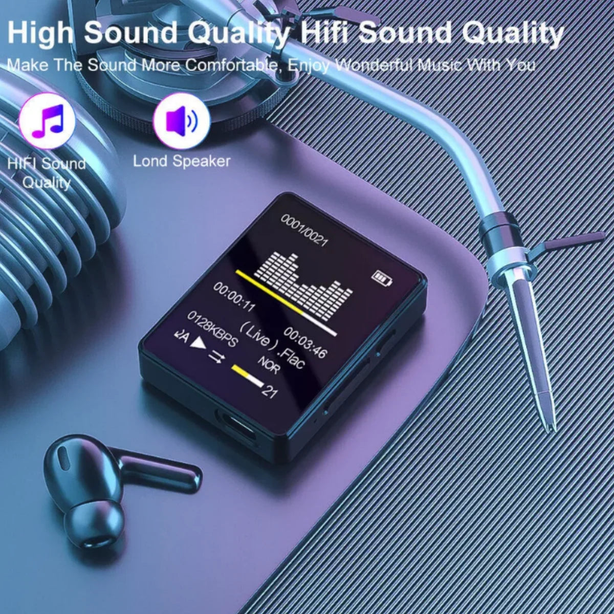 Black rectangular portable mp3 mp4 music player with 1.8-inch display bluetooth 5.0 and internal speaker compatible